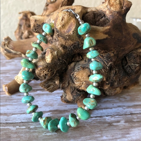 Jewelry - 🩵 Vintage Genuine Turquoise Nugget and Silver Beaded Boho Bracelet